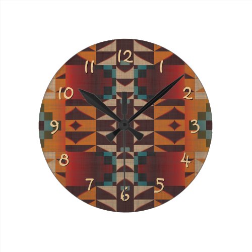 Orange Brown Red Teal Blue Tribal Mosaic Pattern Round Clocks