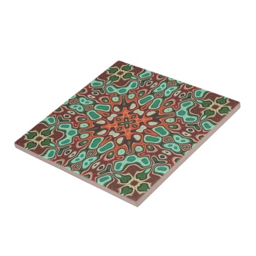 Orange Brown Red Turquoise Green Ethnic Tribe Art Ceramic Tile