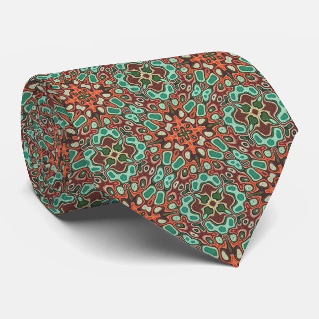 Orange Brown Red Turquoise Green Orient Bali Art Neck Tie (Rolled)