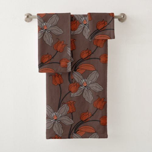 Orange brown retro ethnic elegant flower pattern bath towel set