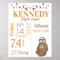 Orange & Brown Sloth Baby Birth Stats Poster