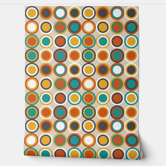 Orange Brown Teal Blue Mid Century Circles Pattern Wallpaper (Unrolling)