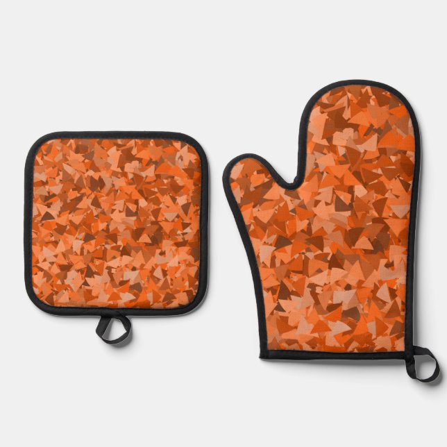 Orange Brown Triangle Pattern Oven Mitt & Pot Holder Set (Front)