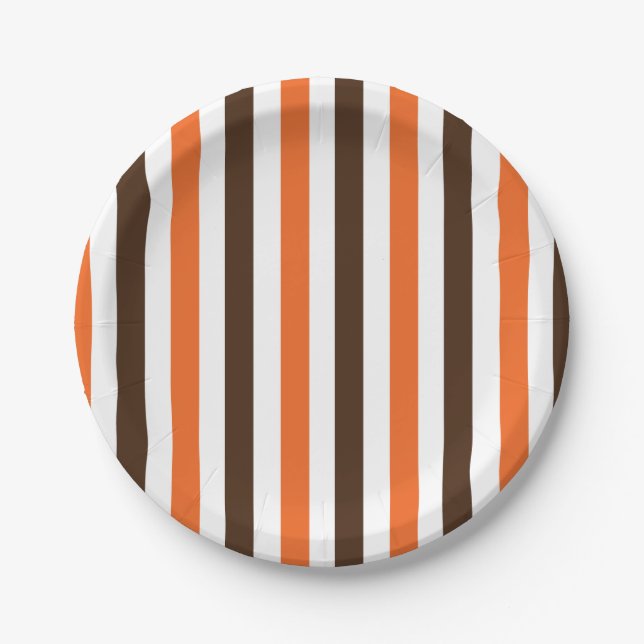 Orange Brown Vertical Stripes Pattern Party Paper Plates (Front)