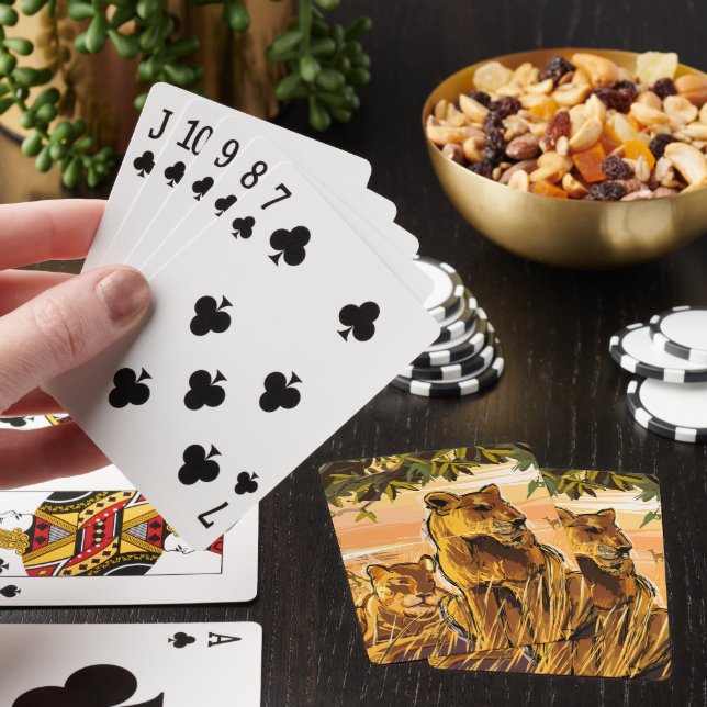Orange Brown Wildlife Safari Lioness Drawing  Poker Cards (In Situ)