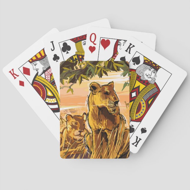 Orange Brown Wildlife Safari Lioness Drawing  Poker Cards (Back)