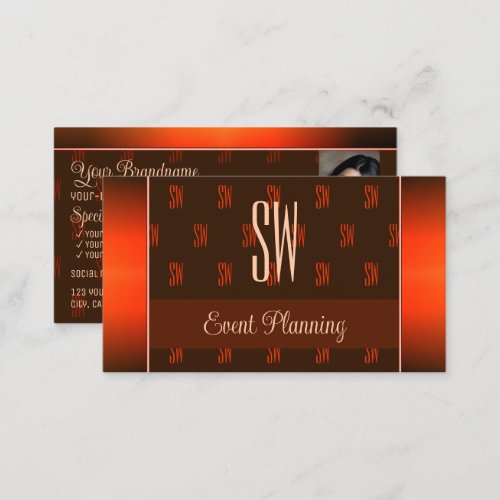 Orange Brown with Photo and Chic Monogram Pattern Business Card