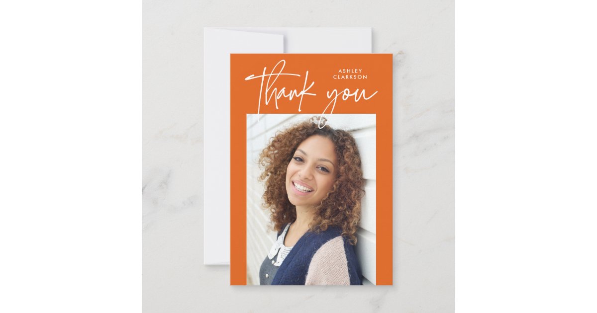 Orange Budget Modern Calligraphy Photo Graduation Thank You Card | Zazzle