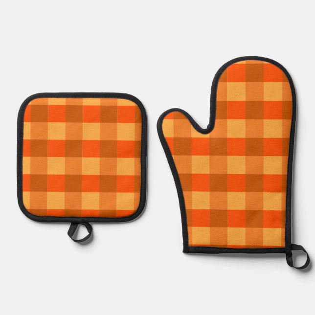 Orange Buffalo Plaid Gingham Checkered Oven Mitt & Pot Holder Set (Front)