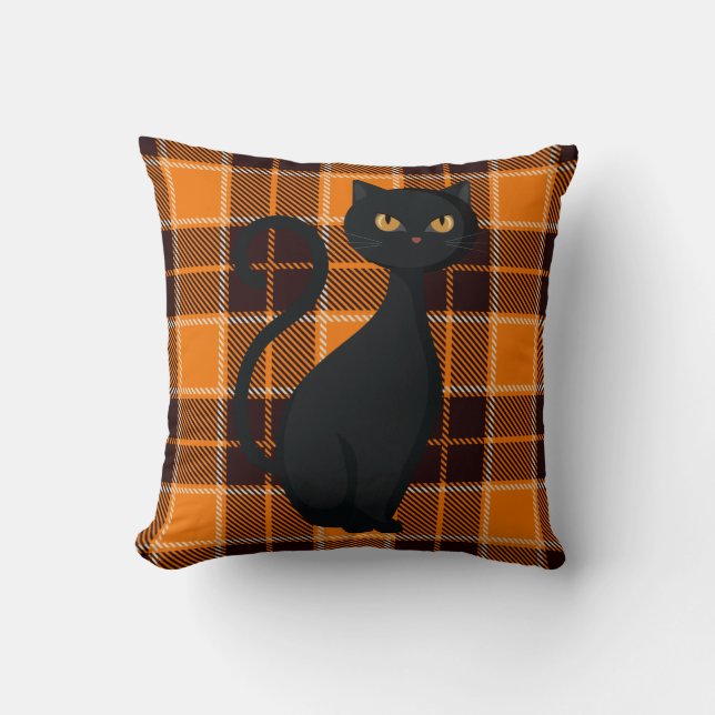 Orange Buffalo Plaid Spooky Black Cat Halloween Throw Pillow (Front)