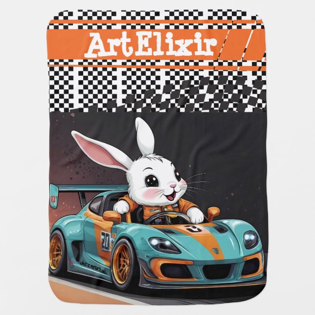 Orange Bunny Car Racer Print Baby Blanket (Front)