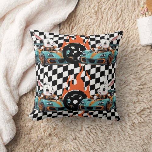 Orange Bunny Car Racer Print Throw Pillow