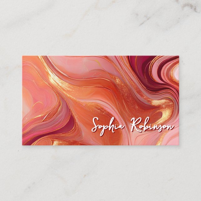 Orange Burgundy and Gold Marbled Business Card (Front)