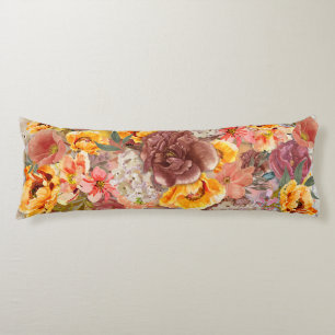 Orange Burgundy Autumn Fall Watercolor Floral    Body Pillow