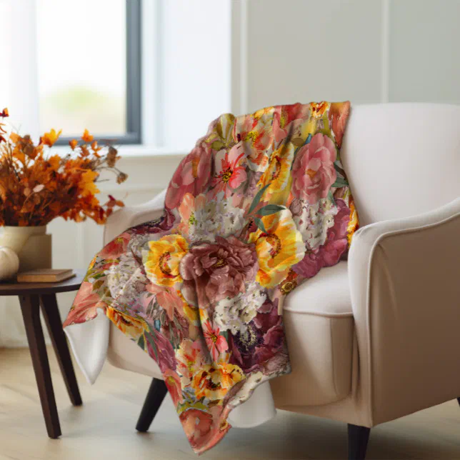 Orange Burgundy Autumn Fall Watercolor Floral Fleece Blanket

