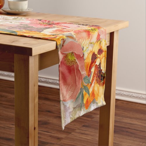 Orange Burgundy Autumn Fall Watercolor Floral    Short Table Runner