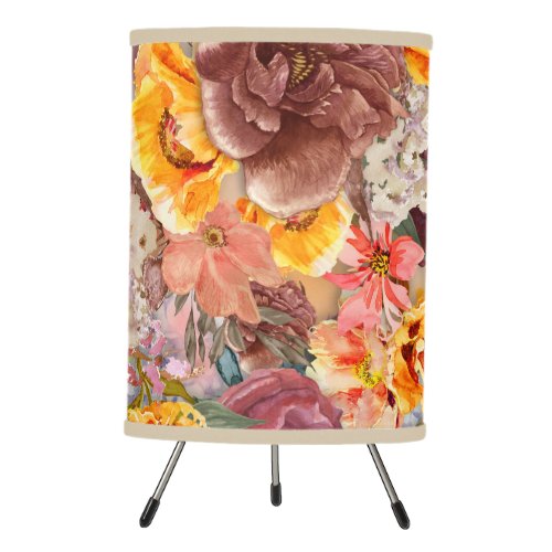 Orange Burgundy Autumn Watercolor Floral Khaki  Tripod Lamp