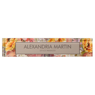 Orange Burgundy Cream Watercolor Floral Business  Desk Name Plate