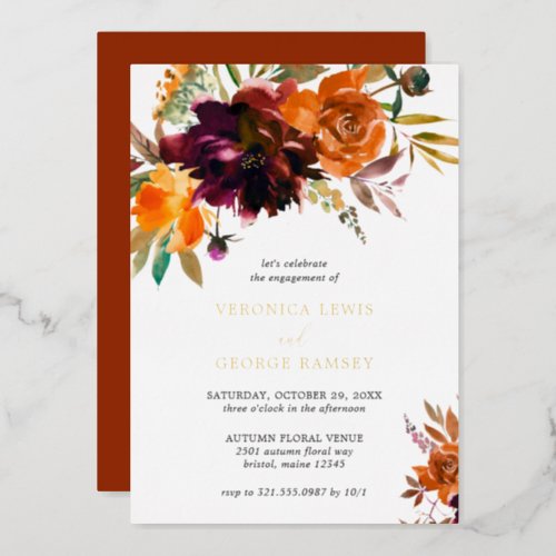 Orange Burgundy Fall Floral Engagement Party Gold Foil Invitation