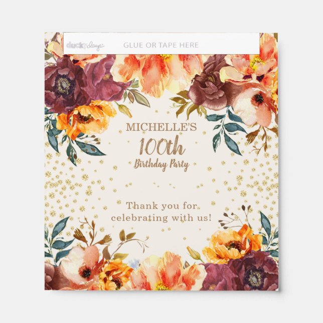 Orange Burgundy Fall Floral Gold Glitter 100th  Hershey Bar Favors (Front)