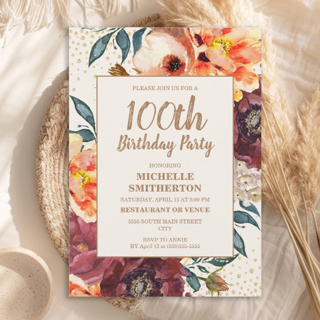 Orange Burgundy Fall Floral Gold Glitter 100th  Invitation (Orange and burgundy watercolor floral 100th birthday party invitation)