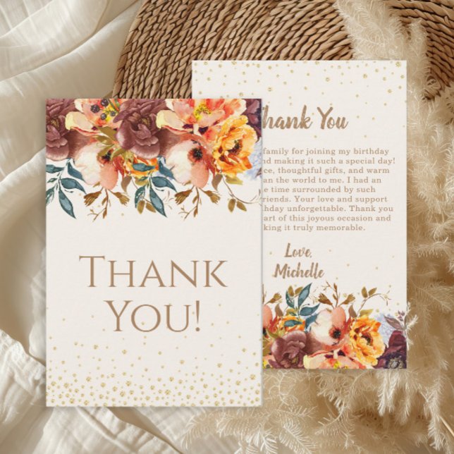 Orange Burgundy Floral Birthday Thank You Card (Orange and burgundy floral birthday party "Thank you" card )