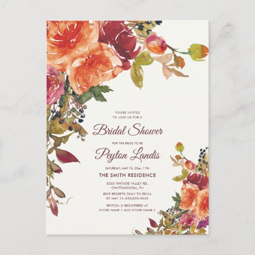 Orange Burgundy Floral Bridal Shower Postcard