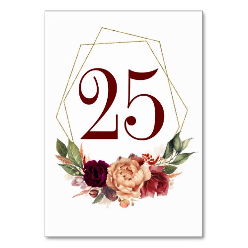 Orange Burgundy Floral Fall Wedding Table Number