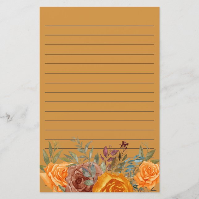 Orange Burgundy Floral Greenery Lined  Stationery (Front)
