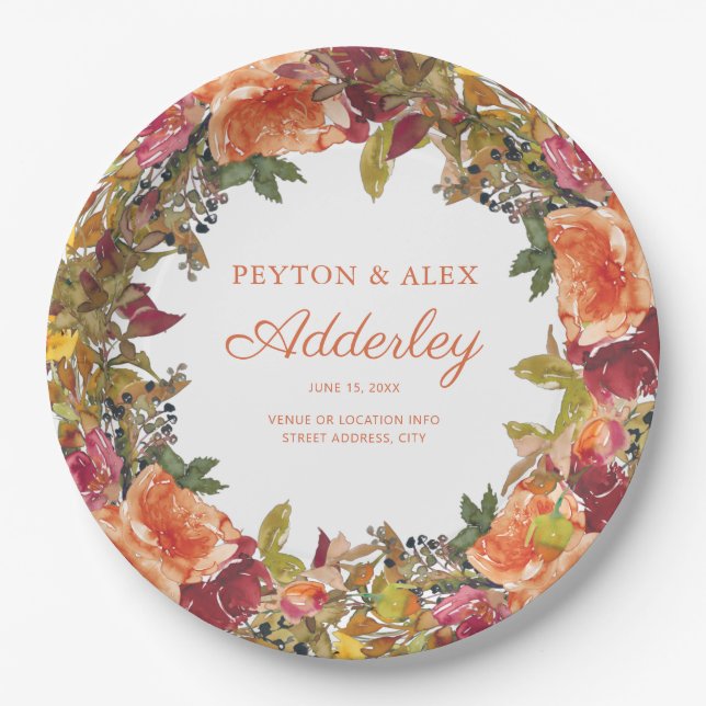Orange Burgundy Floral Greenery Wedding Reception Paper Plates (Front)