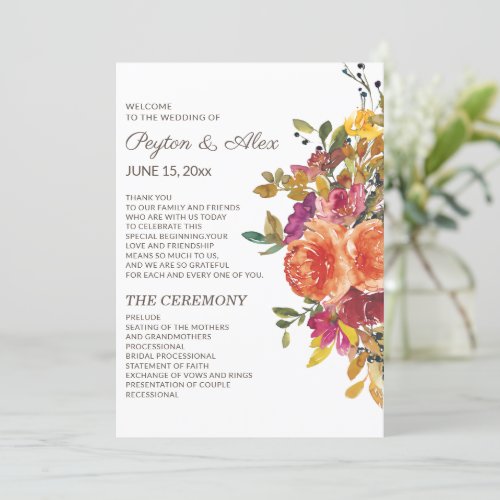 Orange Burgundy Floral Wedding Program Bridal 