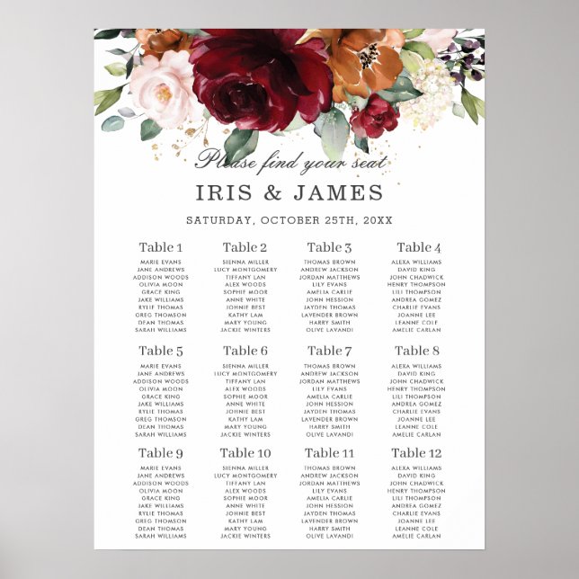 Orange Burgundy Ivory Floral Wedding Seating Chart (Front)