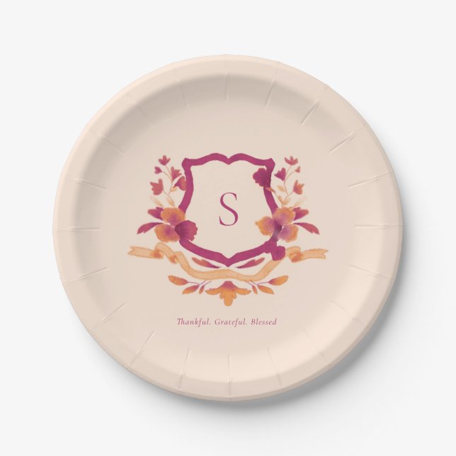 Orange Burgundy Monogram Fall Thanksgiving paper Paper Plates (Front)