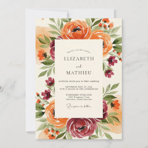 Orange Burgundy Painterly Floral Wedding Invitation