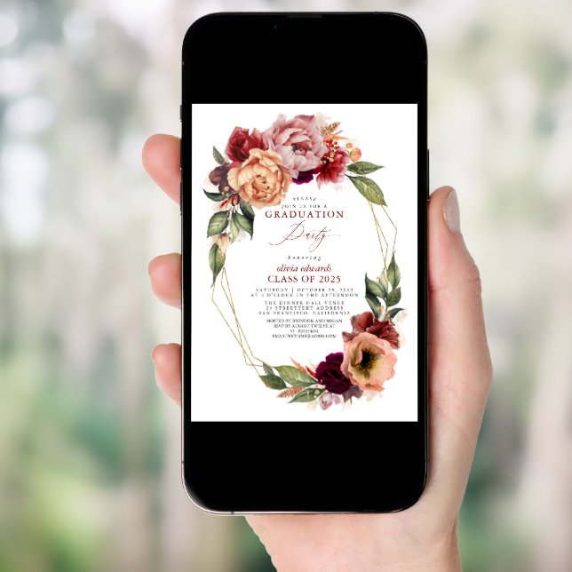 Orange Burgundy Red Floral Fall Graduation Party Invitation (Front Digital)