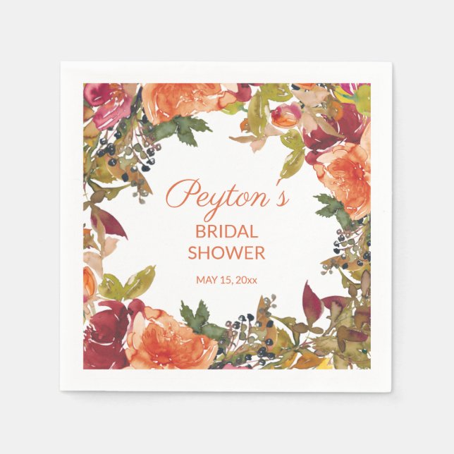 Orange Burgundy Rust Floral Bridal Shower  Napkins (Front)