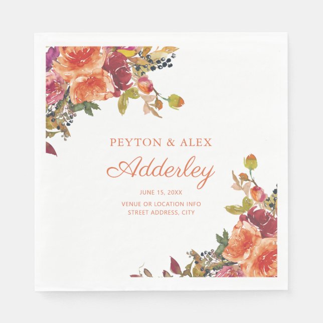 Orange Burgundy Rust Watercolor Floral Wedding Napkins (Front)
