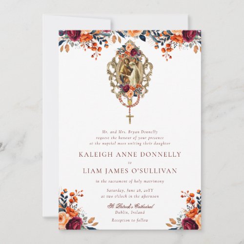 Orange Burgundy Rustic Floral Catholic Wedding Invitation