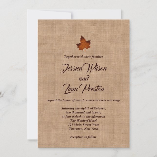 Orange Burlap Maple Leaf Wedding Invitation (Front)