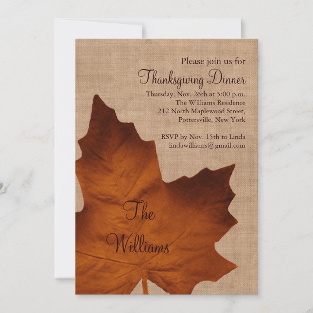 Orange Burlap Thanksgiving Dinner Invitation (Front)