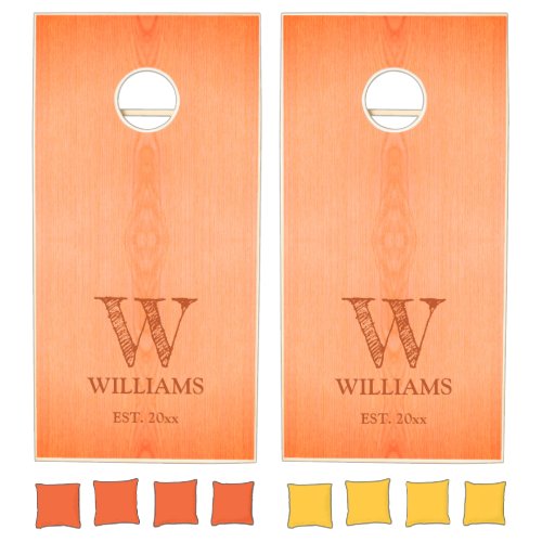 Orange burnt wood grain rustic Family Monogram Cornhole Set