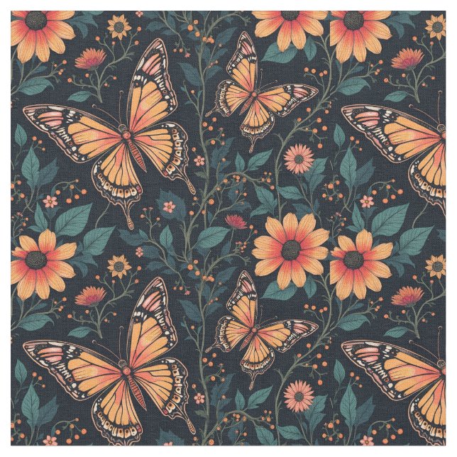 Orange Butterflies and Flowers Fabric (Close Up)