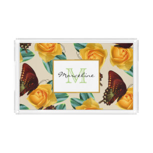 Orange Butterflies & Yellow Roses Garden with Name Acrylic Tray