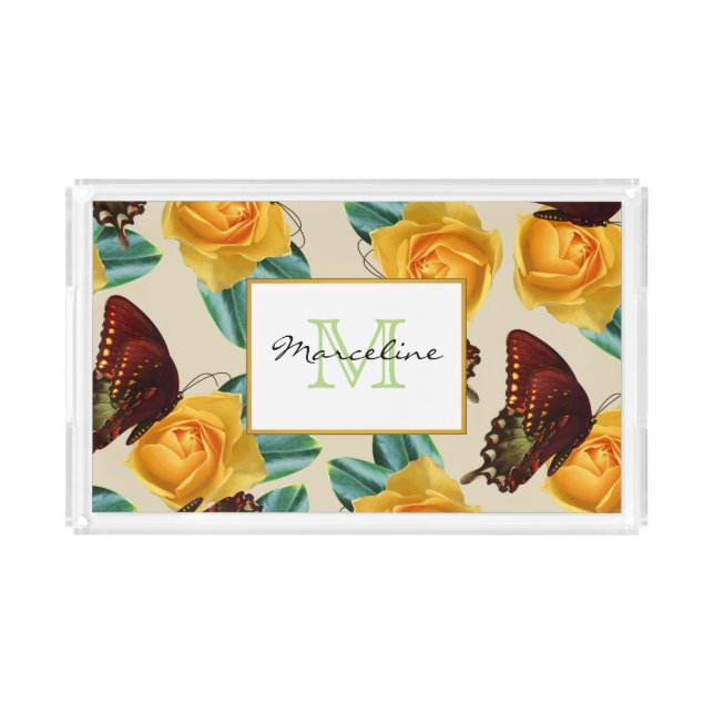 Orange Butterflies & Yellow Roses Garden with Name Acrylic Tray (Front)