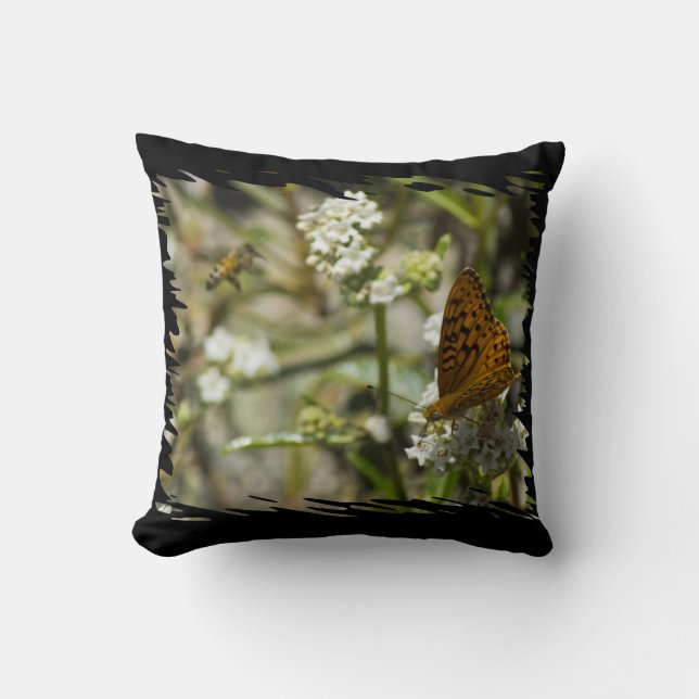 Orange Butterfly and Bee Black Edge Throw Pillow (Front)