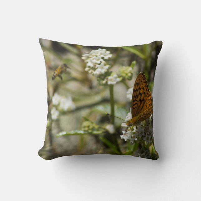 Orange Butterfly and Bee Throw Pillow (Front)