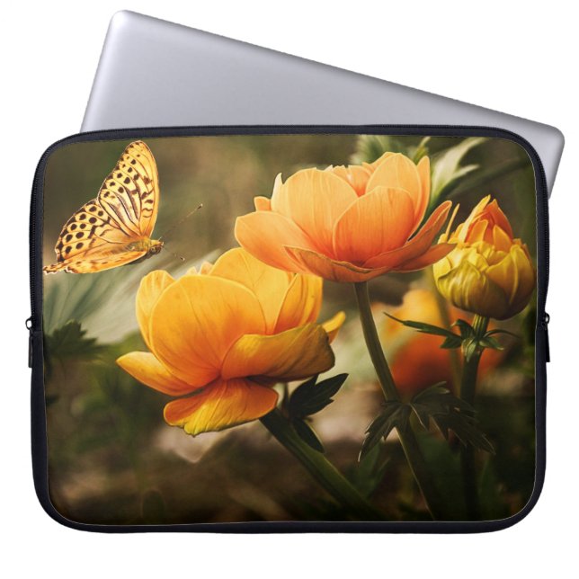 Orange Butterfly and Flowers Laptop Sleeve (Front)