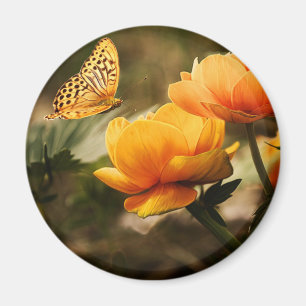 Orange Butterfly and Flowers Magnet