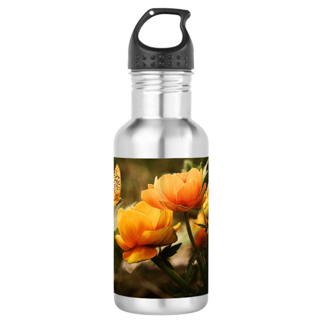 Orange Butterfly and Flowers Stainless Steel Water Bottle (Front)