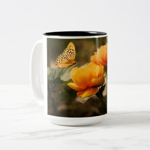 Orange Butterfly and Flowers Two_Tone Coffee Mug